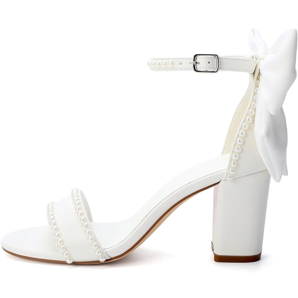 Block Heel Bridal Shoes Bow Heels Open Toe Wedding Sandals Pearl, Size 6